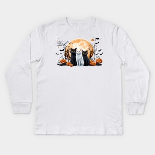 "Harmonious Halloween: Cat Lovers Under the Big Full Moon with Black and White triple cats" Kids Long Sleeve T-Shirt